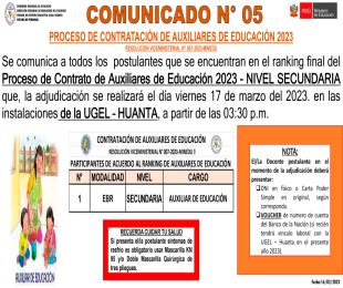 COMUNICADO Nº 005 PROCESO DE CONTRATACIÓN DE AUXILIARES DE EDUCACIÓN 2023