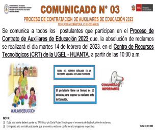 COMUNICADO Nº 3 PROCESO DE CONTRATACIÓN DE AUXILIARES DE EDUCACIÓN 2023