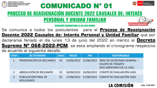 COMUNICADO Nº 01 PROCESO DE REASIGNACIÓN DOCENTE 2022 CAUSALES DE: INTERÉS PERSONAL Y UNIDAD FAMILIAR