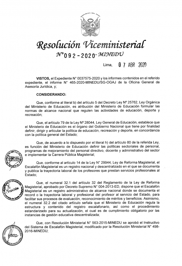 RESOLUCIÓN VICEMINISTERIAL Nº 092-2020-MINEDU