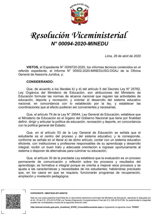 Resolución Viceministerial N° 00094-2020-MINEDU