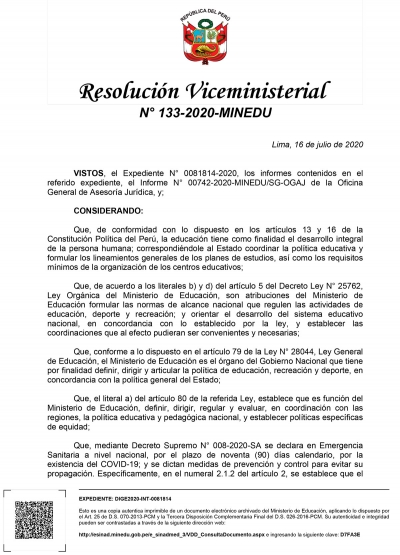 Resolución Viceministerial N° 133-2020-MINEDU