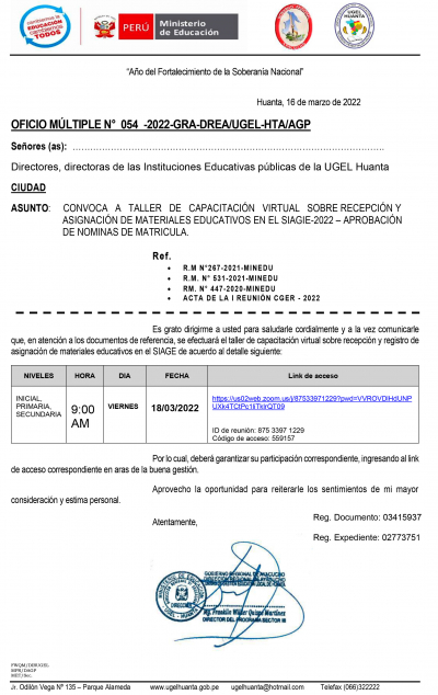 OFICIO MÚLTIPLE N° 054 -2022-GRA-DREA/UGEL-HTA/AGP