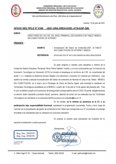 OFICIO MÚLTIPLE Nº 0169 –2021-GRA-DREA/UGEL-HTA/AGP-DIR.