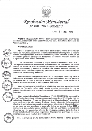 RESOLUCIÓN MINISTERIAL Nº 160-2020-MINEDU