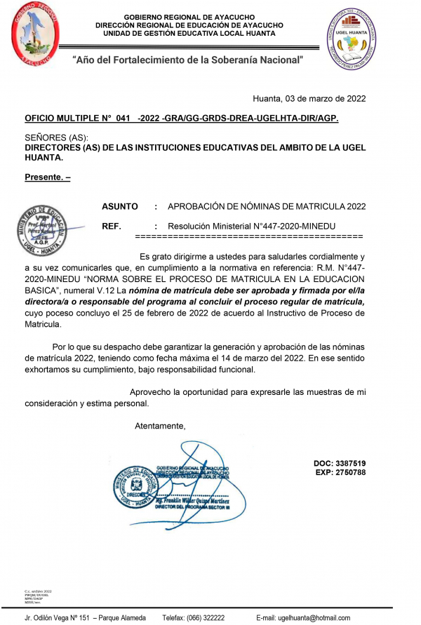 OFICIO MULTIPLE N° 041 -2022 -GRA/GG-GRDS-DREA-UGELHTA-DIR/AGP.