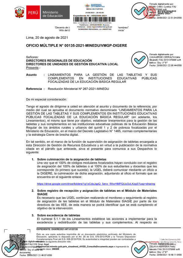 OFICIO MÚLTIPLE N° 00135-2021-MINEDU/VMGP-DIGERE