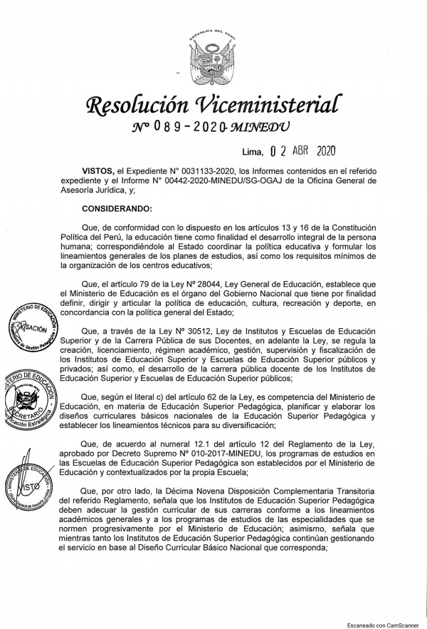Resolución Viceministerial Nº 089-2020 - MINEDU