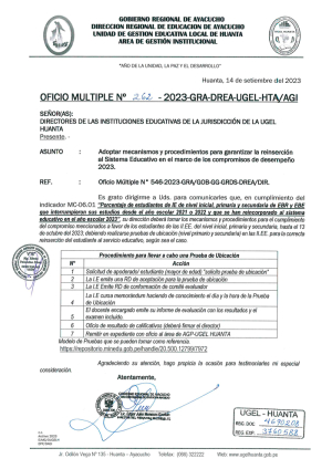 OFICIO MULTIPLE Nº 262 - 2023-GRA-DREA-UGEL-HTA/AGI