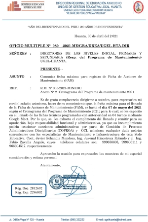 OFICIO MULTIPLE N° 080 -2021-ME/GRA/DREA/UGEL-HTA-DIR
