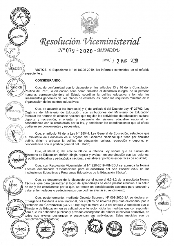 Resolución Viceministerial Nº 079-2020-MINEDU