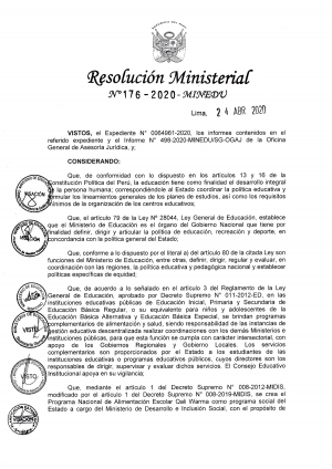 Resolución Ministerial Nº 176 - 2020 - MINEDU