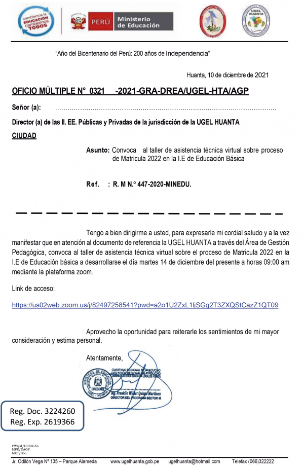 OFICIO MÚLTIPLE N° 0321 -2021-GRA-DREA/UGEL-HTA/AGP
