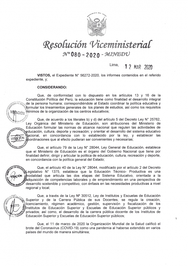 Resolución Viceministerial Nº 080-2020-MINEDU