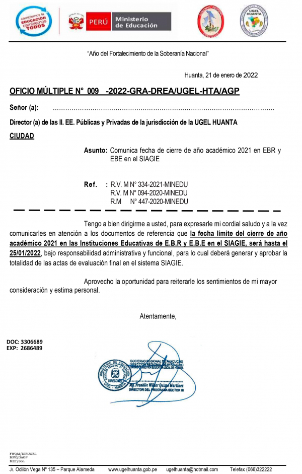 OFICIO MÚLTIPLE N° 009 -2022-GRA-DREA/UGEL-HTA/AGP
