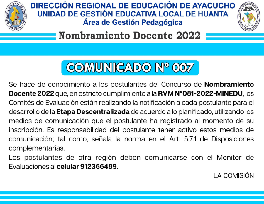 COMUNICADO Nº 007 - SE HACE DE CONOCIMIENTO A LOS POSTULANTES DEL CONCURSO DE NOMBRAMIENTO DOCENTE 2022